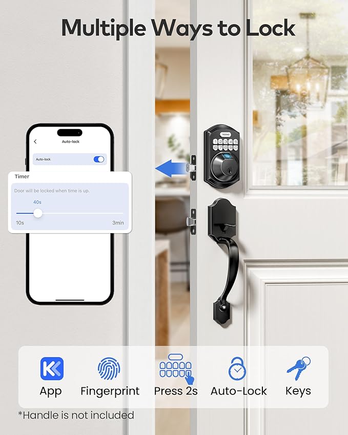 TEEHO TE012W WiFi Smart Lock, Fingerprint Door Lock with Built-in Wi-Fi, Keyless Entry Keypad Smart Deadbolt, App Remote Control, Alexa Compatible, IP55 Waterproof for Front Door – Matte Black