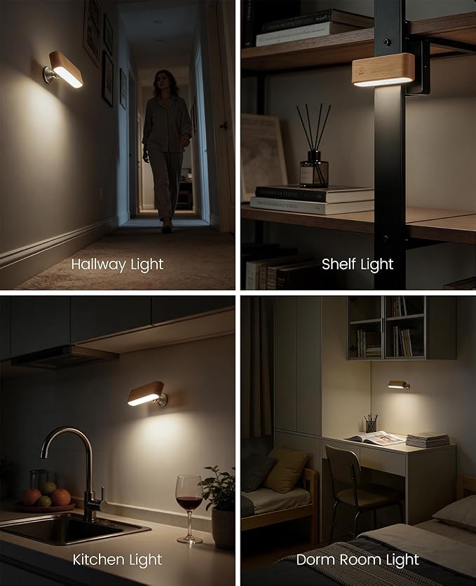 Wood LED Wall Sconce, Magnetic 360° Rotatable Wall Mounted Night Light & Reading Light, Small Rechargeable Battery Powered Bedside Wall Lamp for Bedroom, Living Room, Beech Wood