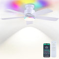46 Inch White Flush Mount Ceiling Fans with Lights, 5 Blades Reversible, 6-Speed 2H Timer, RGB & 3 CCT Dimmable, Remote & APP Control for Bedroom Kidsroom