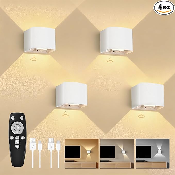 Battery Operated Wall Lamps with Motion Sensor, 6000mAh LED Rechargeable Wireless Sconce with Remote Control, Stepless Dimming, 2700-6500K, Adjustable Beam Angle, White Wall Lights for Hallway, 4-Pack