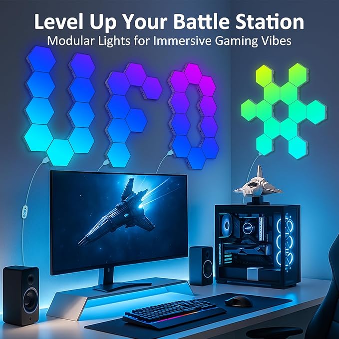 Hexagon LED Light Panels 8 Pack – Smart RGB Wall Lights with APP & Remote Control – Music Sync Modular Gaming Lights for Bedroom, Living Room, Wall Decor