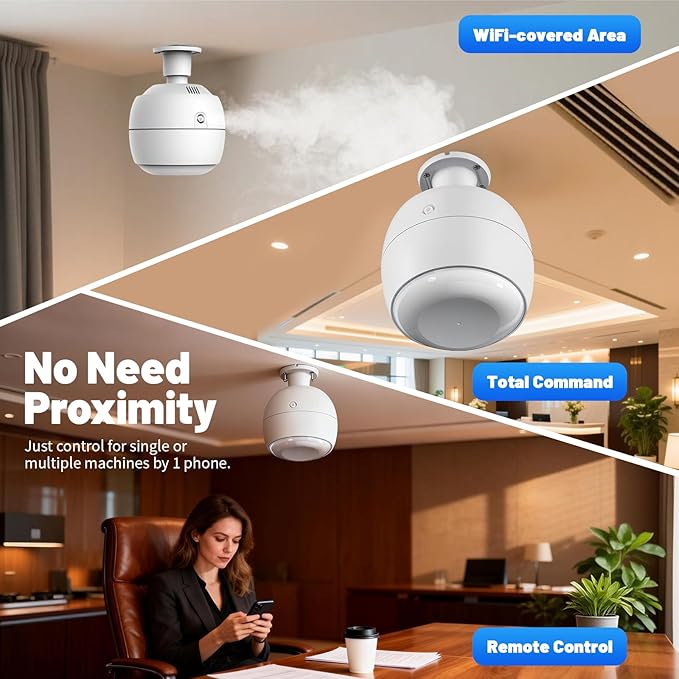 Waterless Essential Oil Diffuser 3500 Sq.Ft Coverage for Large Home Hotel Office, Ceiling-Mounted Cold Air Scent Machine for Aromathrapy, Bluetooth App Control, No-Noise Aroma Diffuser Ceiling-Mounted