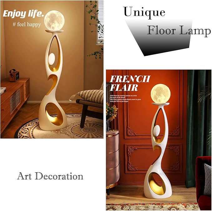 Bofea-Lunar Lamp Modern Standing Lamps for Living Rooms & Offices,Great Living Room Décor,White Gold Tall Light with 3D Printing Frosted Moon Globe Shade, Mid Century Floor Light for Bedroom Reading