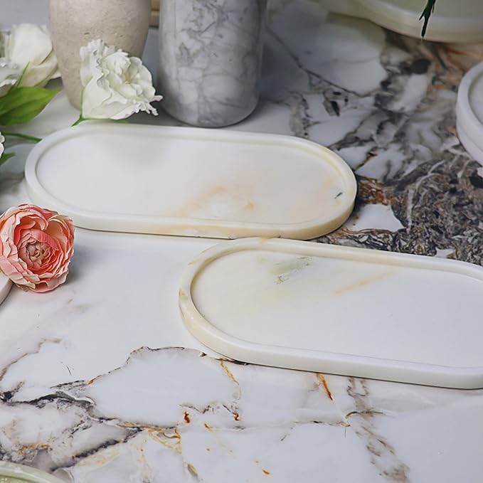 Marble Vanity Tray Organizer - 9.8"x5" Italy Natural Stone Decorative Tray，Jewelry, Perfume & Candle Display Tray，Bathroom Vanity, Dresser Top, Nightstand Decor
