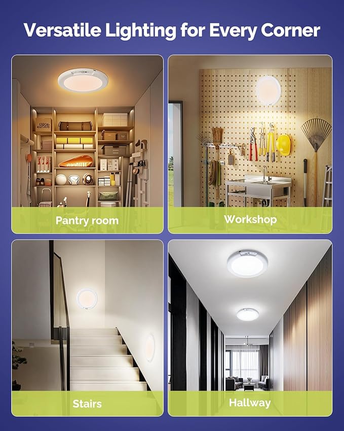 2PCs Battery Powered Ceiling Light with Remote, 7.48" Rechargeable Shower Light Waterproof, Wireless Motion Sensor Ceiling Lights Indoor 3000K/4500K/6500K Dimmable for Bathroom Closet