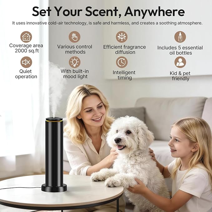 Waterless Scent Diffuser Starter Kit - 2000 Sq Ft Coverage,Hotel Collection Diffuser with Remote/LED Light,Suitable for Home, Office, Hotel