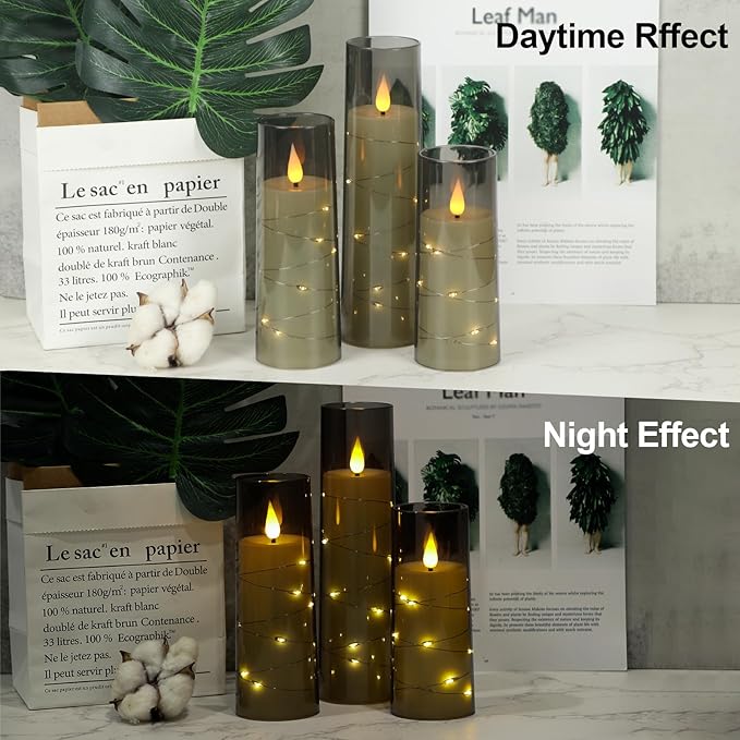 Black Flameless Candles with 2 Remote, Battery Operated Candles with Embedded String Lights and 3D Wick, LED Candles with Remote Timer for Spring Wedding Home Decororations (Set of 5)