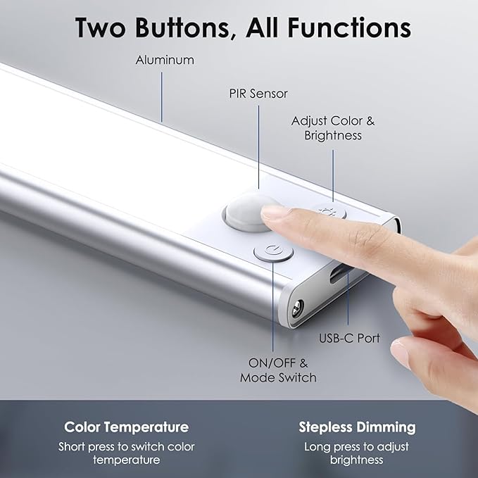 7" LED Cabinet Light with Motion & Light Sensor, Pack of 2 Rechargeable Under Cabinet Lighting, 3 Color Modes 3000K/4500K/6000K, 36 LEDs, 100LM, USB, 1100mAh Battery, Wireless Closet Light