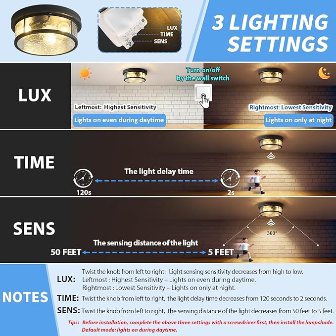 Adjustable Motion Sensor Flush Mount Ceiling Lights Fixture with Water Ripples Glass Shade,Round Matte Black Metal Modern Ceiling Lamp for Entryway,Hallway,Porch,Patio and Garage,12 inch,3-Light