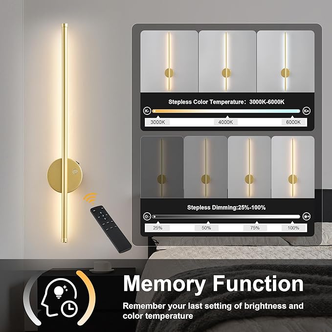 Motion Sensor Battery Operated Wall Sconce Set of Two - Modern Rechargeable Wireless Wall Lights with Remote Control, Dimmable, 3000K/4000K/6000K, Timer for Living Room, Hallway,23.6 Inch, Gold