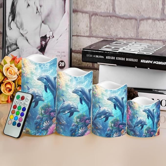 Sea Dolphin Flameless Candles with Remote Color Changing Battery Operated Pillar Candles with Flickering Flame Electric Fake Plastic Candles Tea Light Living Room Dining Table Decor