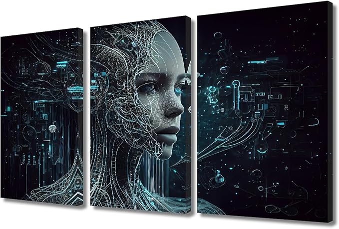 TUMOVO AI Wall Decor 3 Pieces Canvas Wall Art Colorful Future Technology Pictures for Home Decor Paintings Artificial intelligence Female Robot Prints and Poster Framed Ready to Hang, 36" Wx24 H