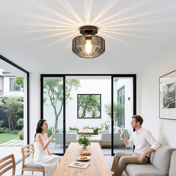 Tbaoinal Semi Flush Mount Ceiling Light Textrued Smoked Glass Shade Matal Base Inclede LED Bulb,for Kitchen/Hallway/Entryway/Bathroom for a Black Champagne Gold