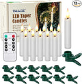 IMAGE 12Pcs LED Taper Candles Light Set Flameless 3D Wick Ivory Candles with Clip-on Christmas Tree Design, 10-Key Remote with Timer, Warm White Light, Battery Operated for Versatile Decoration