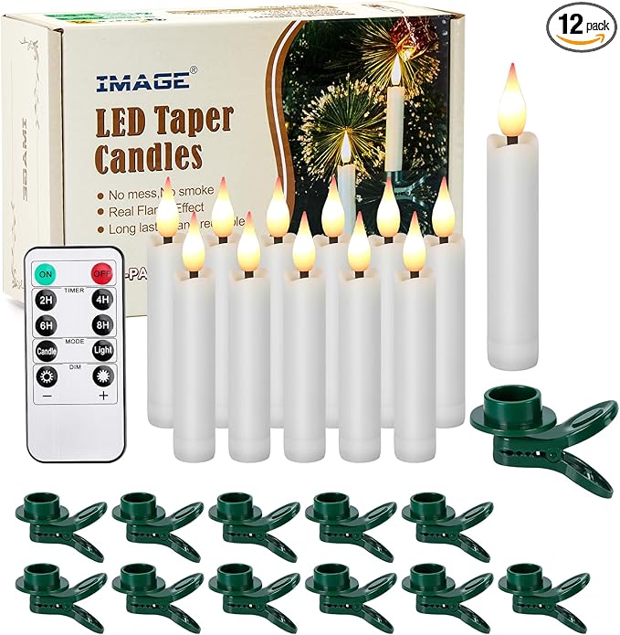 IMAGE 12Pcs LED Taper Candles Light Set Flameless 3D Wick Ivory Candles with Clip-on Christmas Tree Design, 10-Key Remote with Timer, Warm White Light, Battery Operated for Versatile Decoration