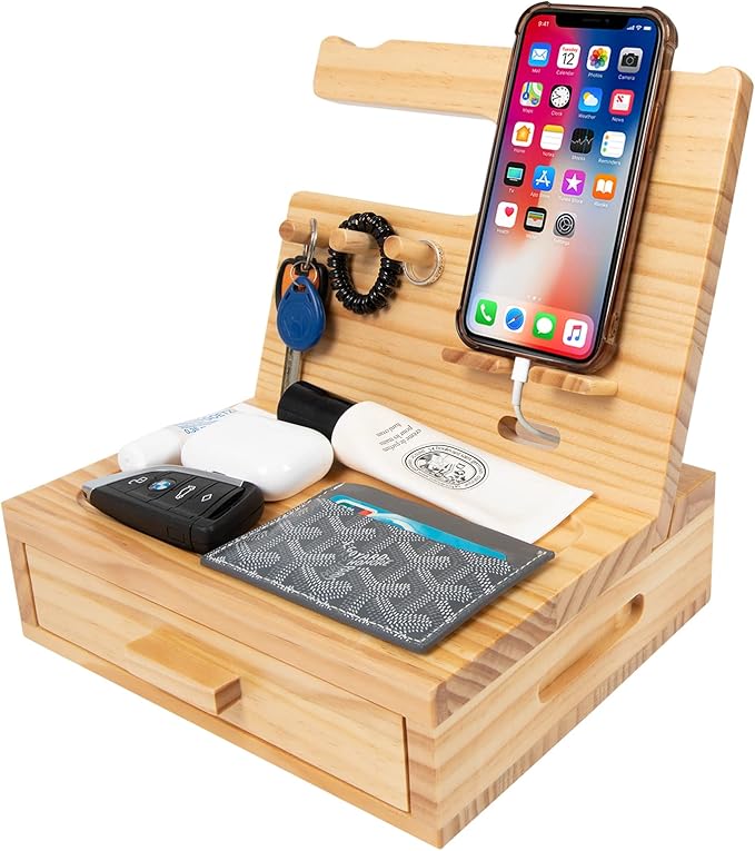 Solid Wood Nightstand Organizer, Docking Station, Gifts for Men, Made of Cedar, Versatile Bedside Table Organizer for Cellphone, Watch, Headphone, Keys Natural Wood