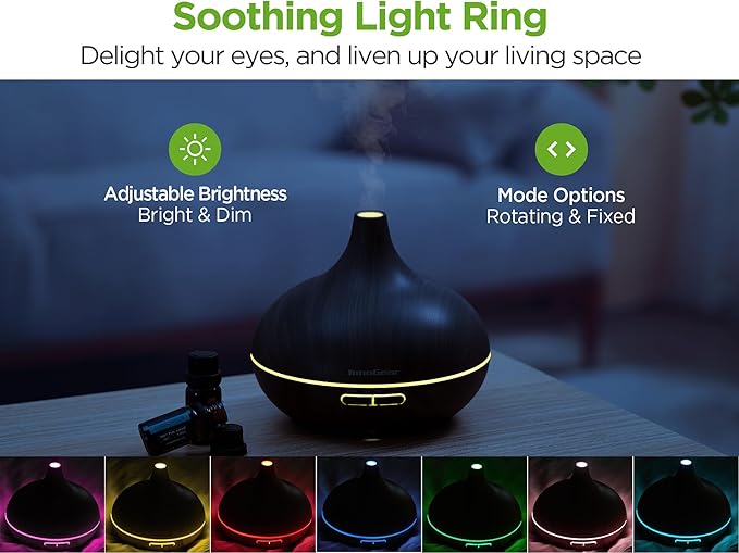 InnoGear Aromatherapy Diffuser & 10 Essential Oils Set, 400ml Diffuser Ultrasonic Diffuser Cool Mist Humidifier with 4 Timers 7 Colors Light Waterless Auto Off for Valentine's Gift, Dark Wood Grain