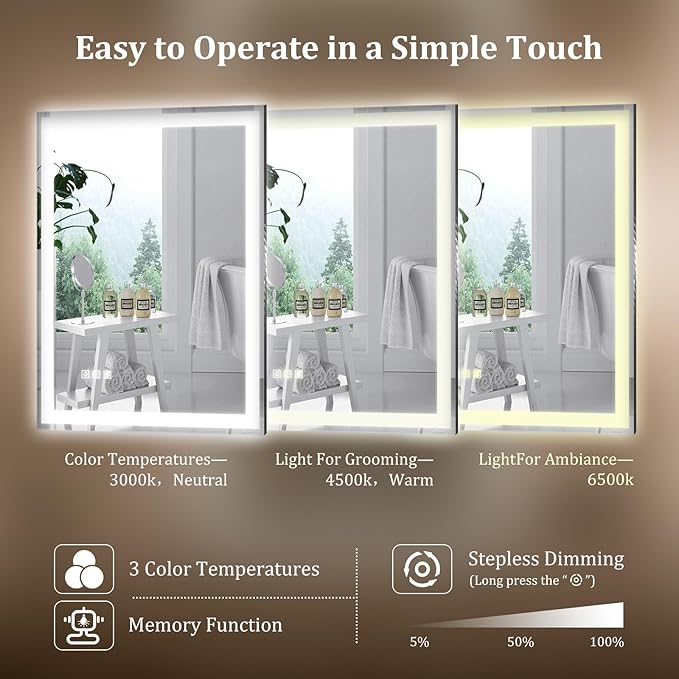 24"X32" LED Bathroom Mirror with Lights, Mirror for Bathroom Wall with Frontlit and Backlit, IP54 Enhanced Anti-Fog, Bathroom Vanity Mirror 3 Colors Dimmable CRI>90 Double Lights, HD Tempered Glass