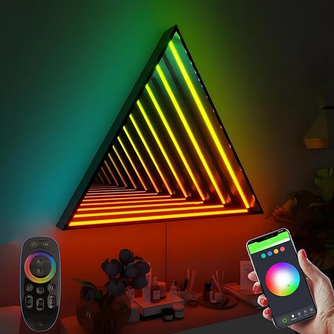 3D Infinity Mirror Light, 19.7" Triangle LED Tunnel Wall Light with 358 LEDs, App & Remote RGB Color Changing Mirror for Gaming Room Decor, Party, Bar, Geometric Art Deco Wall Mounted