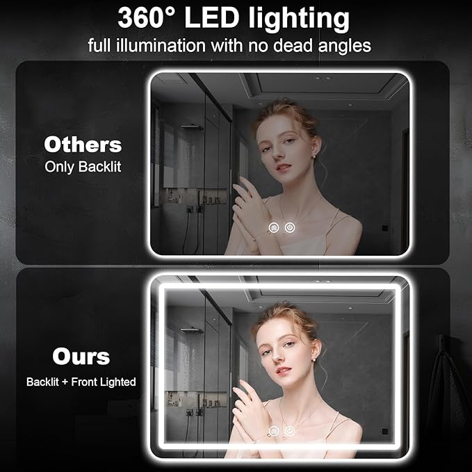 LED Bathroom Mirror, 36 x 24 Inch Anti-Fog Wall Mirror with Lights Stepless Dimmable, Lighted Bathroom Mirrors for Wall, Rectangle Bathroom Vanity Mirror with Front and Backlight, Horizontally Only