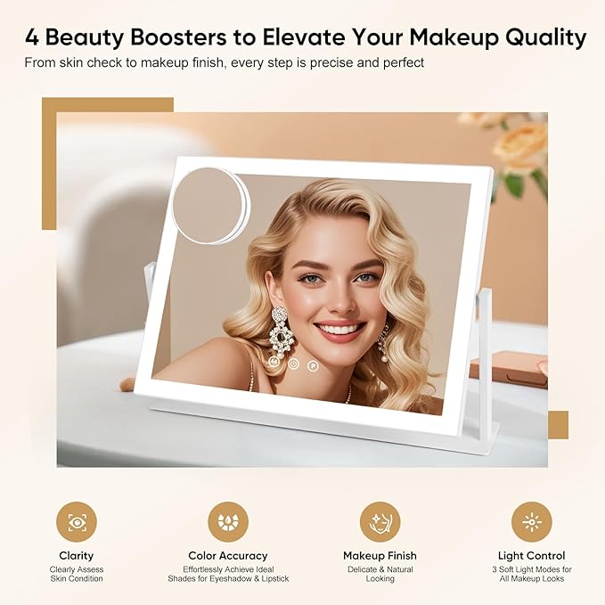 Vanity Mirror with LED Lights, 16.4x12.2 Inch Makeup Mirror, 3-Color Dimmable Touch Screen, 5X Magnification, 360° Rotation, White Large Tabletop Mirror for Bedroom Vanity