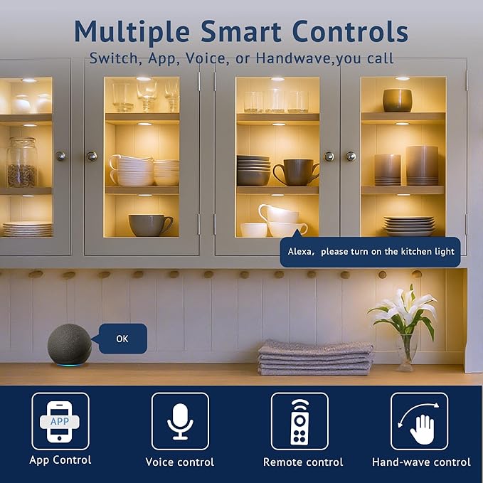 V4light Smart Under Cabinet Lights, Plug-in Puck Lighting with App, Voice & Motion Control, Dimmable 2700K–6500K, Compatible with Alexa & Google Home, Kitchen, Closet & Shelf Lighting(4 Pack)