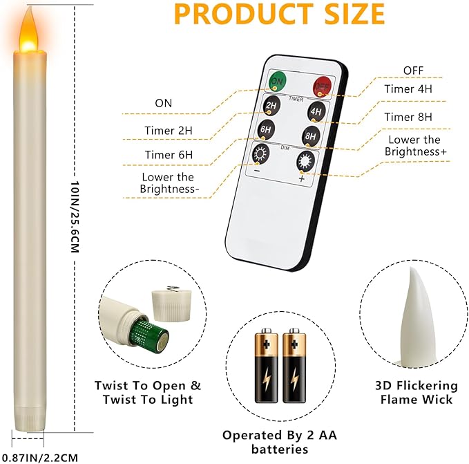 Flameless Taper Candles 10" Dripless Battery Operated Candle with Remote Timer, 6 Pack Christmas Window Candles, 400+ Hours by 2 AA Batteries for Home Decor, Candlelight Dinner, Weddings