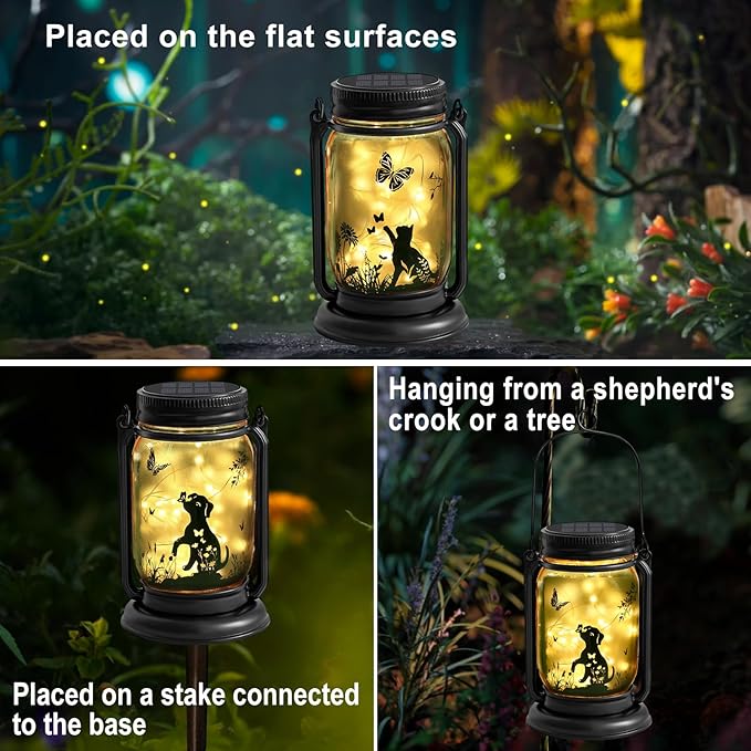 YJFWAL Solar Cat & Butterfly Lanterns Outdoor Waterproof - Cat Lover Gifts for Women Mom Grandmom Birthday Mothers Day, LED Hanging Mason Jar Fairy Lights for Garden Yard Patio Decor