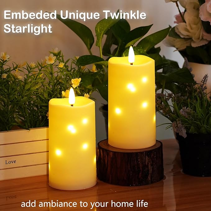 Flameless Candles Embeded Twinkle Starlight, Waterproof LED Flameless Candles with Remote, Plastics Realistic Pillar Candles for Home Decor, Outdoor Garden, Patio Decor 2pcs(Ivory)