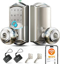 Veise VE028 Built-in Wi-Fi Smart Lock with Knob, Fingerprint Keyless Entry with Handle, App Remote & Voice Control, Electronic Digital Keypad for Front Door and Bedroom, IP65 Waterproof, Satin Nickel