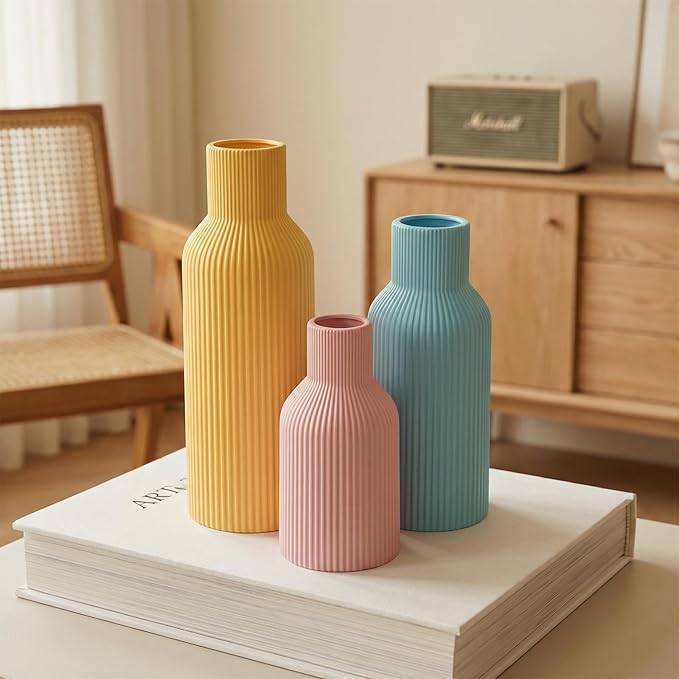 Colorful Ceramic Vases Set of 3 (Pink, Blue, Yellow) - Modern Matte Ribbed Color-Block Vases for Dried Flowers - Scandi Boho Decor Centerpieces for Living Room & Shelf