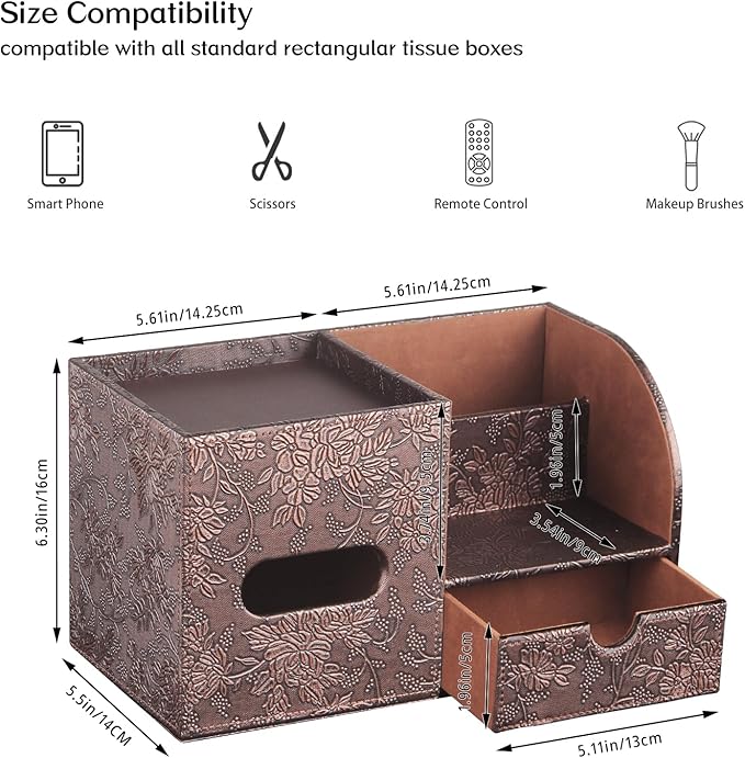 Fanousy Square Tissue Box Cover with Drawer Storage and Tray on Top, PU Leather Tissues Cube Boxes Holder, Modern Nightstand Organizer Caddy, Remote Control Holder for Bathroom, Bedside, Office, Home