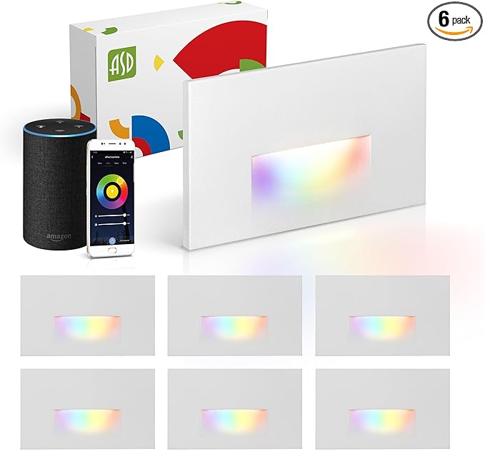 ASD LED Recessed Step Light Fixture, Outdoor & Indoor Stair Tread Lighting | RGBW, Smart, Waterproof, ETL Listed | 3W 60LM RGB-2700K-6500K 120V | Staircase Hardwired Illumination | White, 6 Pack