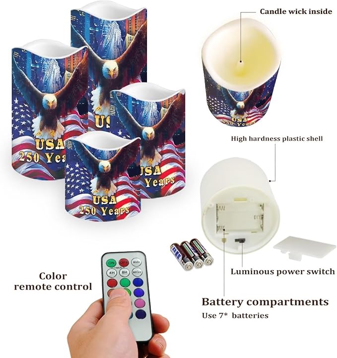 American Flag Fake Candles Bald Eagle Fourth of July LED Candle Battery Operated Flickering Remote 250th Anniversary Patriotic Decor for Bedroom Wedding Restaurant, 4 Pack