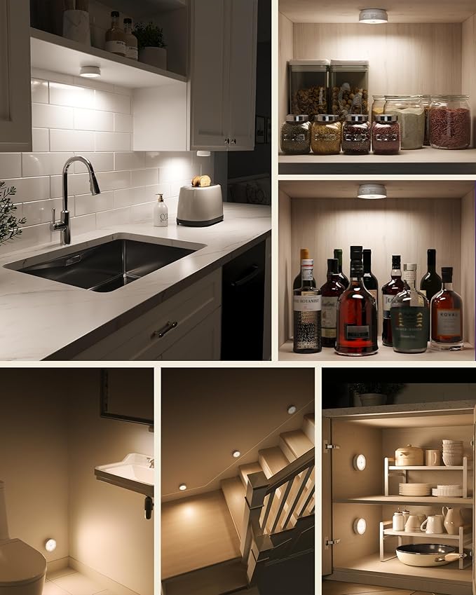 EZVALO 4 Pack Motion Sensor Closet Lights with Charging Station, 1200mAh Rechargeable LED Under Cabinet Lighting, Puck Light, Dimmable, 3 Color Temps, Magnetic, Stick on for Kitchen, Closet, Stairs