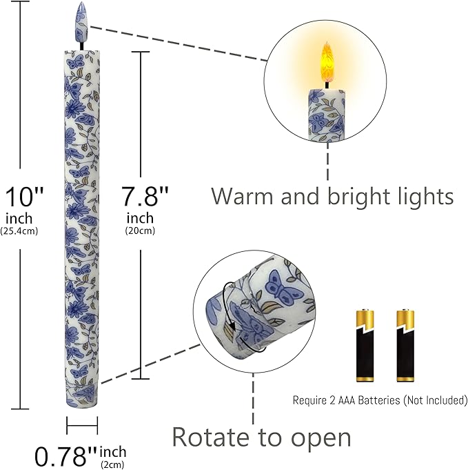 Chinoiserie LED Candles Flameless Candlesticks-6pcs Timer Blue Flower Battery Operated Candle Remote Floral LED Taper Candles Lights for Home Wedding Tea Party Windows Decor-P6TBLUMIX