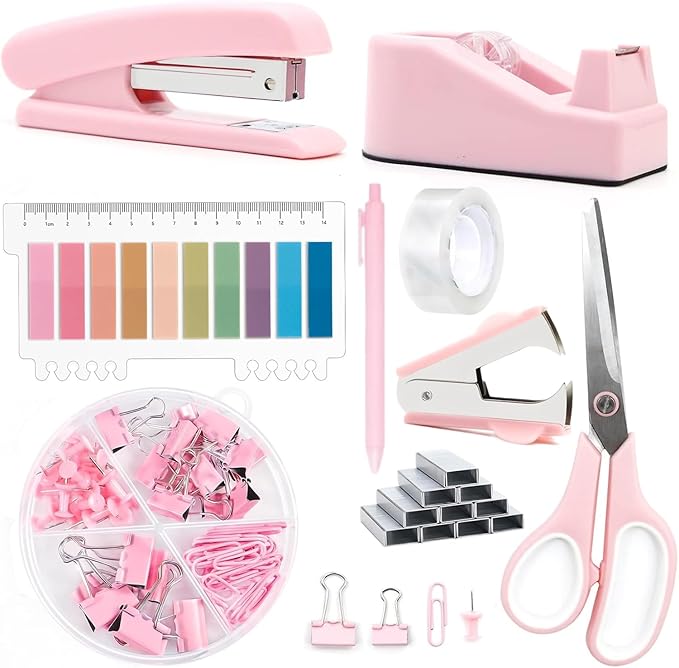 suniya Office Supplies,Desk Accessories,Tape Holder,Stapler,Scissor,Staple Remover,Box of Binder Clips,Staples,Ballpoint Pen,Lndex Tabs,Clear Tape,Office Supplies Set(Pink)