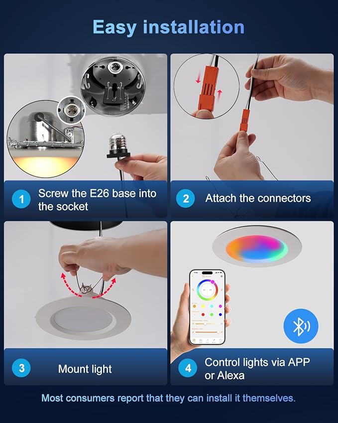 Smart Recessed Lighting 6 Inch, RGBCW Color Changing LED Can Lights Bluetooth Connect, Flicker Free, 13W 1300LM, Dimmable Retrofit Downlight Works with Alexa Voice & App Control, ETL, 1 Pack