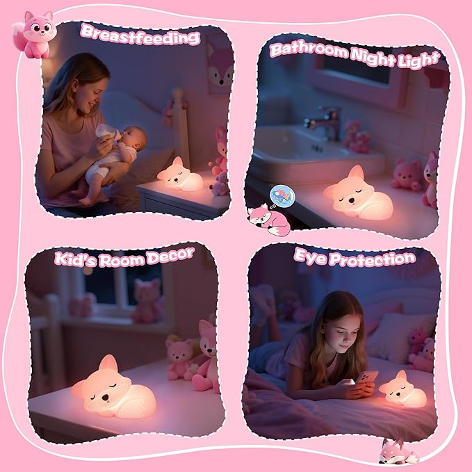 YuanDian Fox Night Light for Girls, Squishy Fox Silicone Lamp Novelty Gifts, Rechargeable Dimmable Timer Bedside Touch Nightlight for Breastfeeding Toddler Baby Kids