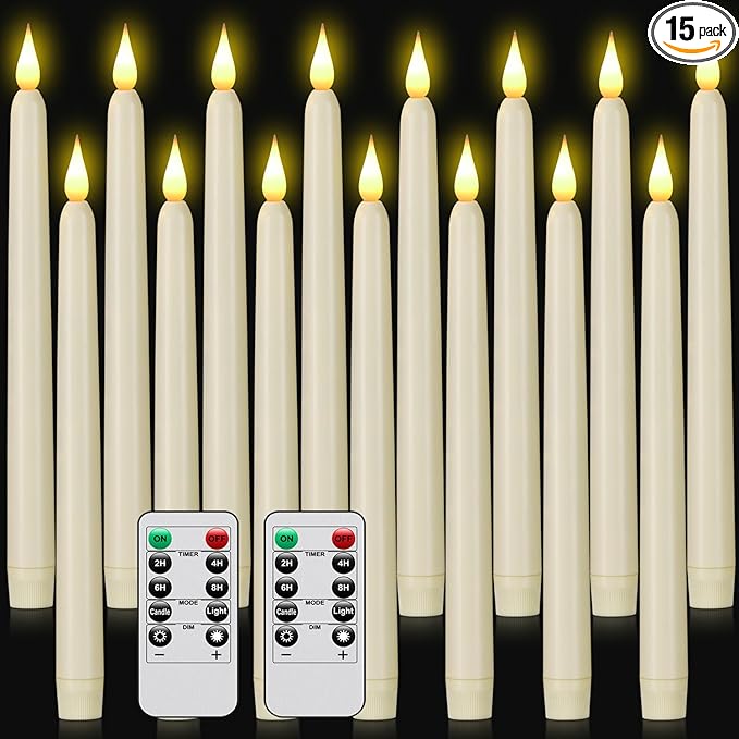 Hanzim Flameless Taper Candles with Remote Control,15pack Dripless Plastic LED Candles,Flickering Battery Operated,9.2'’Classic Tall Candle for Wedding,Party,Halloween,Christmas,Home Decor (Ivory)