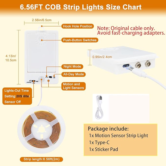 OMIKA COB Rechargeable Motion Sensor Light Indoor, 6.56FT 640LEDs 4000K Natural White Closet Lights, 1500mAh Cuttable Led Light Strip for Cupboard, Bed, Shelves, Wardrobe, Hallway, Cabinet