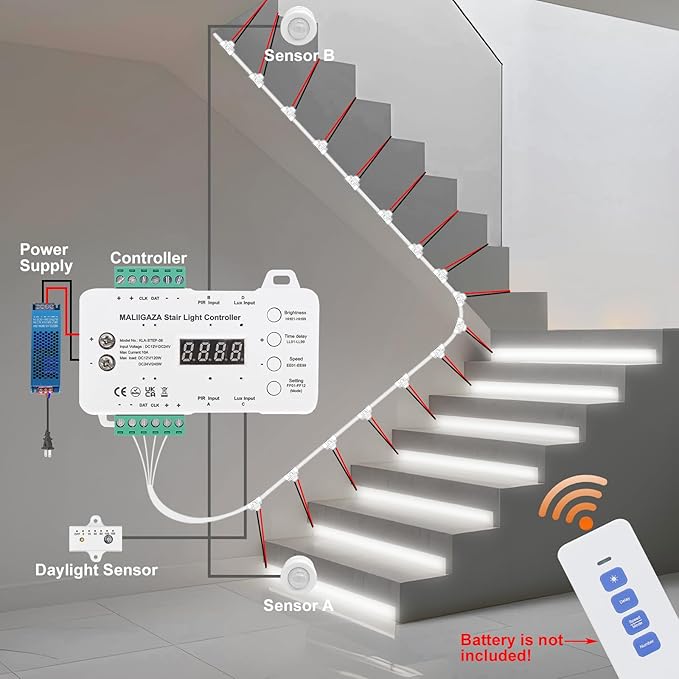 Intelligent Motion Sensor LED Stair Light Kit with Main Wire& Daylight Sensor, Step by Step Control 47.2 Inches Cuttable LED Strip Lights Indoor with Remote (16 Stairs,6000K)