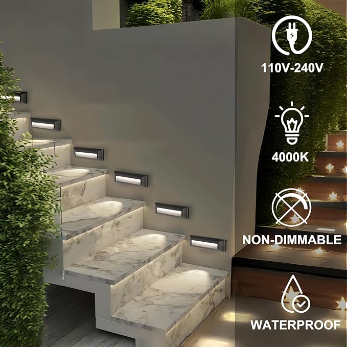 ZONK LED Step Stair Lights 110V-240V, 2W Line Voltage Outdoor Indoor Non-dimmable 4000K Stairway Deck Lights Fixture for House Hallways (6 Pack)