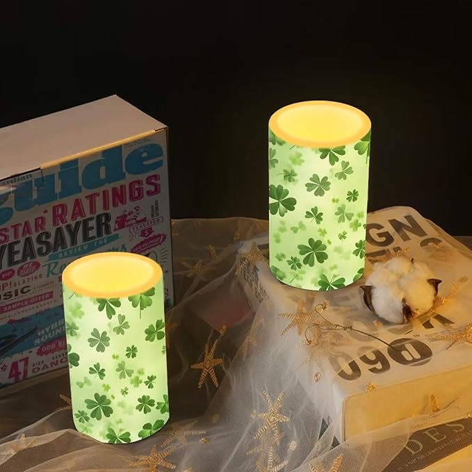 Green Leaves Candles Battery Operated Flameless Candles with Remote Fall Decorations LED Fake Candles for Home Bedroom St Patricks Day Table Decor 3 inch Set of 2