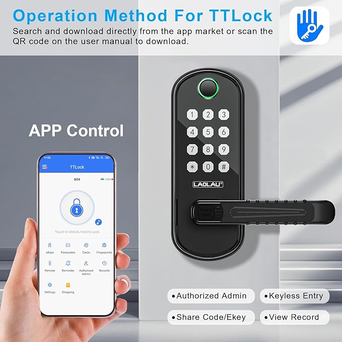 B04 Fingerprint Electronic Door Lock with Keypad and Handle – Keyless Entry Smart Door Lock, Remote APP Control, Code Unlock, Matte Black, Smart Locks for Front Door, Home, Office Use