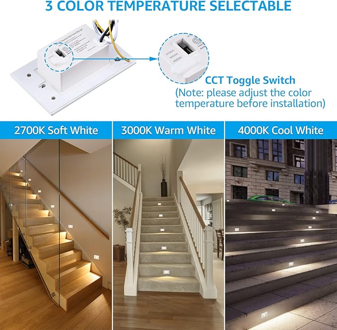 LEONLITE 3CCT LED Step Lights 120V-277V, 150LM 2.5W Dimmable Horizontal Stair Lights Indoor Outdoor IP65, CRI90 & ETL, 2700K3000K4000K Selectable Zinc Alloy Staircase Lights, White, 3 Pack