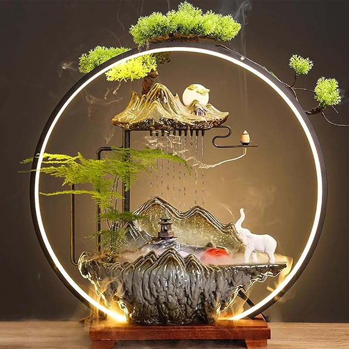 LED Halo Reflux I, Ceramic Zen Ornament with Rain Curtain Flowing Water Waterfall I Sitting, Suitable for Home Office Yoga Meditation Use