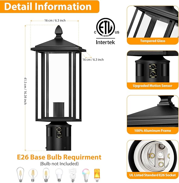 17" Motion Sensor Outdoor Post Lights, Dusk to Dawn Lamp Post Light Fixture with Tempered Glass, Waterproof Aluminum Pole Lights Outdoor, Outside Lamp Posts Outdoor Lighting for Garden Yard Pathway