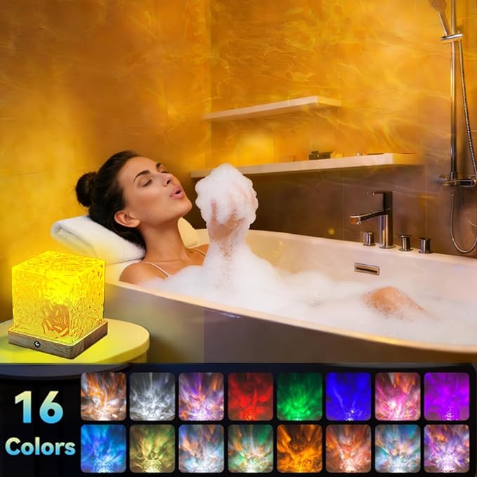 LETOUR Spa Like Shower Lamp,Rechargeable Shower Light 16 Color Changeable Ocean Wave Projector Lamp, Dimmable Waterproof Shower Lamp with Remote, Rotating Cube Water Ripple Lamp for Bath