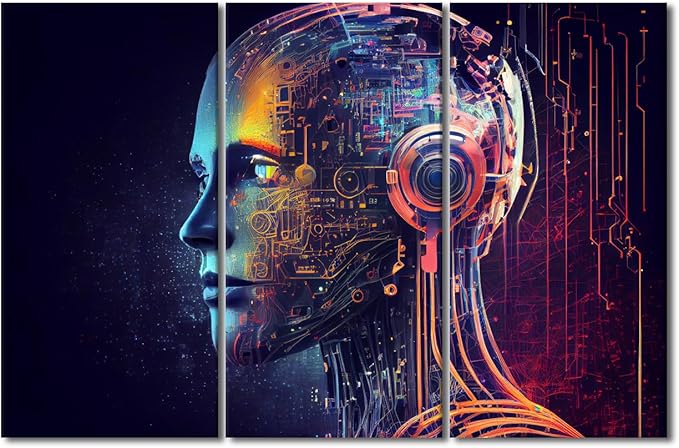 TUMOVO Artificial Intelligence Wall Art 3 Piece Futuristic Technology Canvas Printing Posters AI Artwork, Humanoid Robot Wall Decoration for Bedroom Living Room, Ready to Hang, 60" Wx40 H